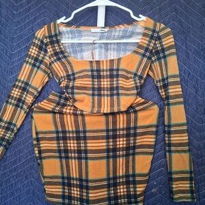 Fashion Nova Mustard Plaid Long Sleeve Top